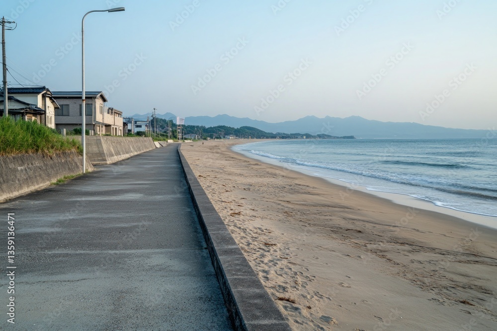 Serene Coastal Walkway: Tranquil Beachfront with Houses and Mountains Serene Coastal Walkway: Tranquil Beachfront with Houses and Mountains