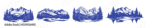 Vintage mountain landscape illustrations, element vector set