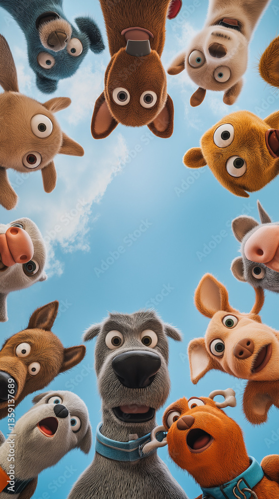 Fototapeta premium Minimalist felt depiction of pack of dogs looking down into the camera lens with bovine snout, eyes mismatched in size and focus, solid pastel blue background