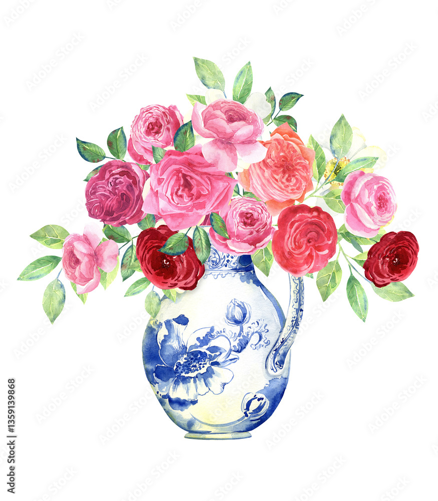 Obraz premium Red, pink roses in a blue chinese vase. Floral arrangements. Watercolor illustration clipart