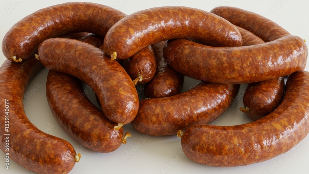 Group of chorizo sausages on white background, showcasing Spanish culinary tradition and gourmet food concept Group of chorizo sausages on white background, showcasing Spanish culinary tradition and gourmet food concept