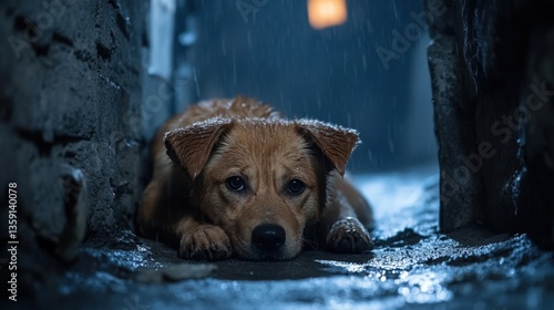 Fototapeta Naklejka Na Ścianę i Meble -  Dirty, wet homeless dog curled up in a dark alley, looking for shelter in the rain, rescue needed