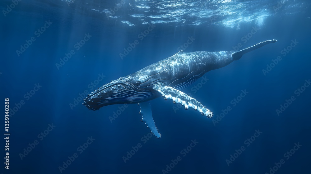 Naklejka premium A deep underwater scene with a humpback whale gracefully swimming through the ocean