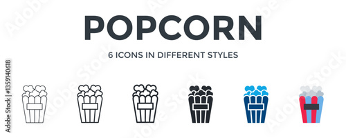 Popcorn Icon In Different Style Vector Illustration. Designed In Thin Line, Regular Line, Bold Line, Glyph, Color Fill, And Flat Style Can Be Used For Web