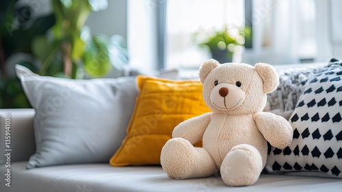 A plush children's toy resting on the sofa in a contemporary apartment
