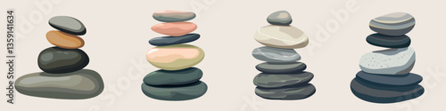 Balanced stones serene illustration, isolated vector set
