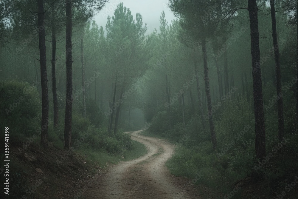 Obraz premium Mystical Foggy Forest Path: A Serene Nature Escape