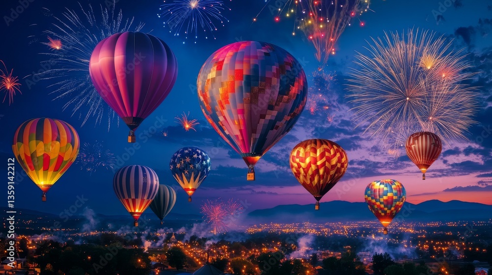 Obraz premium Vibrant Display of Hot Air Balloons and Fireworks at Dusk