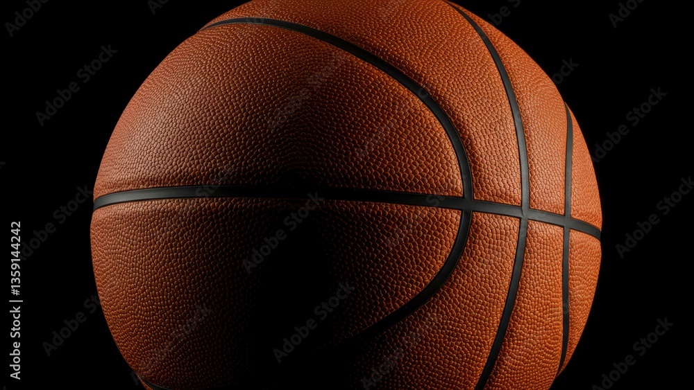 Realistic close up of basketball on black background showcasing texture and form, emphasizing sports and competition Realistic close up of basketball on black background showcasing texture and form, emphasizing sports and competition