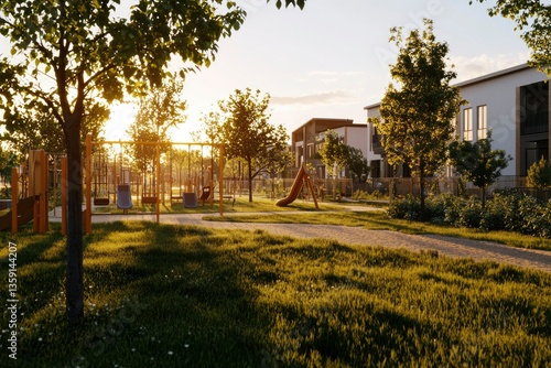 Sunset illuminates a neighborhood playground, promoting family activities and lifestyle