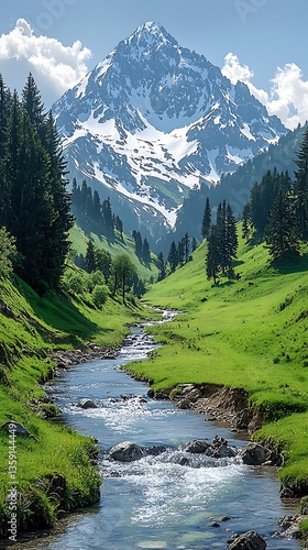Majestic alpine mountain with flowing river high resolution picture