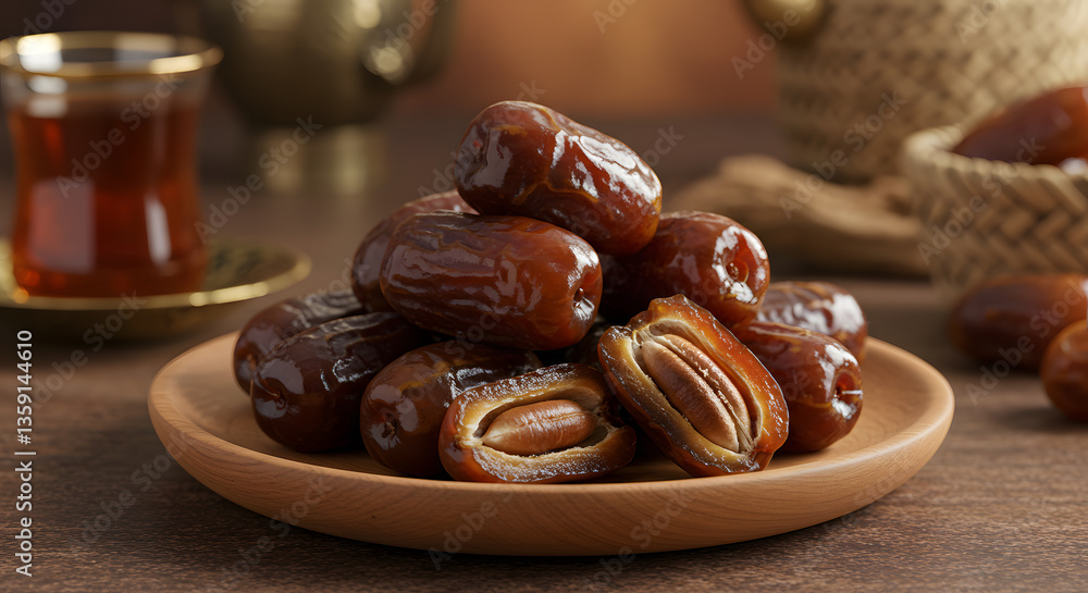Close-up of Medjool Dates on Rustic Wooden Plate with Turkish Tea Close-up of Medjool Dates on Rustic Wooden Plate with Turkish Tea