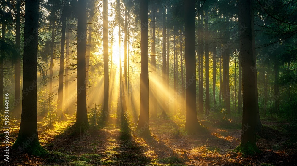 Fototapeta premium A dense pine forest with rays of sunlight breaking through the trees at dawn