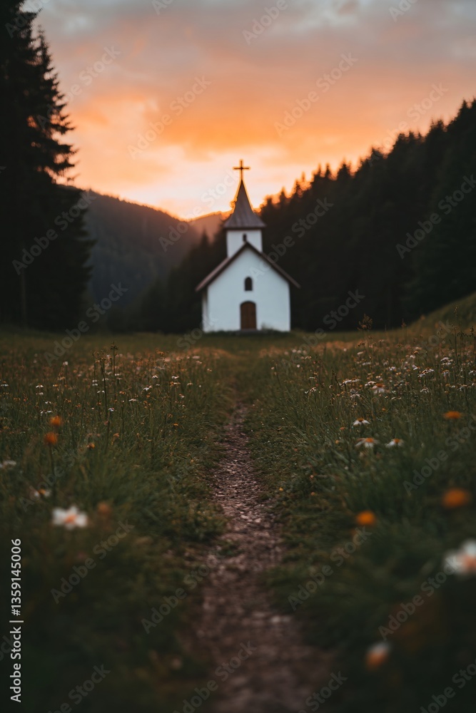 Fototapeta premium Serene white country church in meadow at sunset. Path through wildflowers leads to chapel. Scenic landscape for Christian worship, Easter, Christmas, or wedding photography