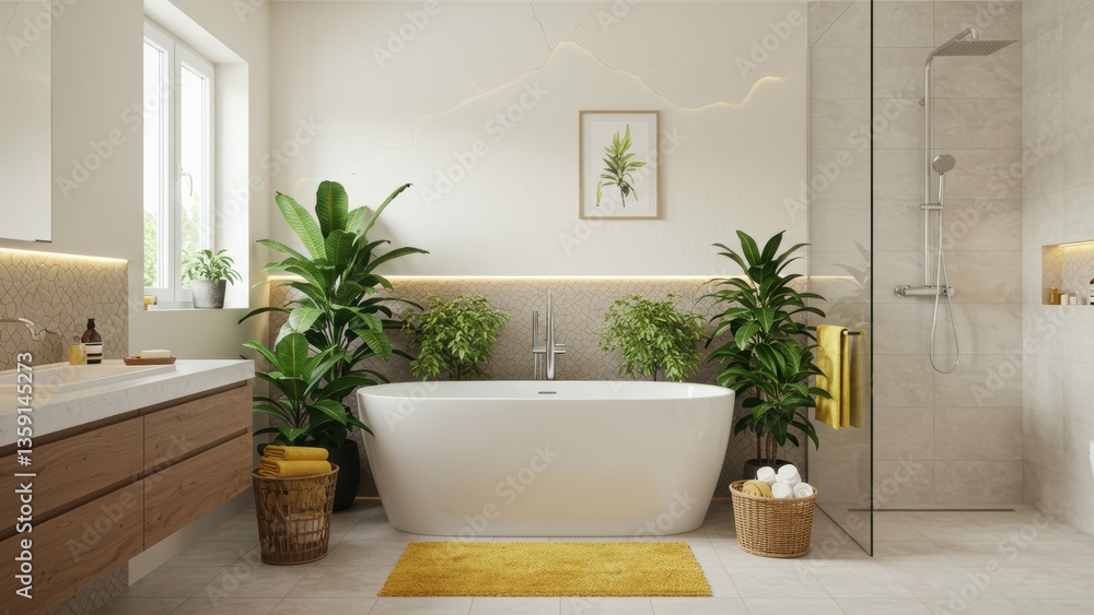 Fototapeta premium Modern bathroom featuring bathtub, green plants, sunlight Promotes relaxation, wellness, sustainable home decor