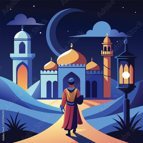 Arabian nights, 1001 nights, mosque architecture, crescent moon, starry sky,