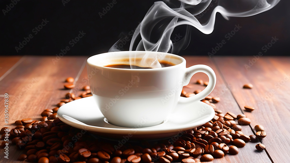 Steaming Cup of Latte With Beautiful Latte Art on Wooden Table Steaming Cup of Latte With Beautiful Latte Art on Wooden Table
