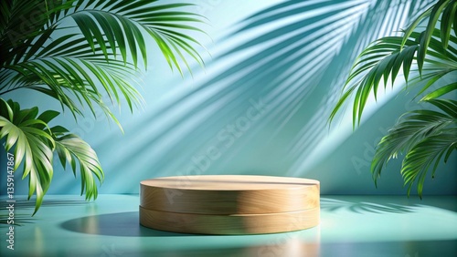 A wooden platform in the spotlight, surrounded by lush green palm leaves and soft blue light