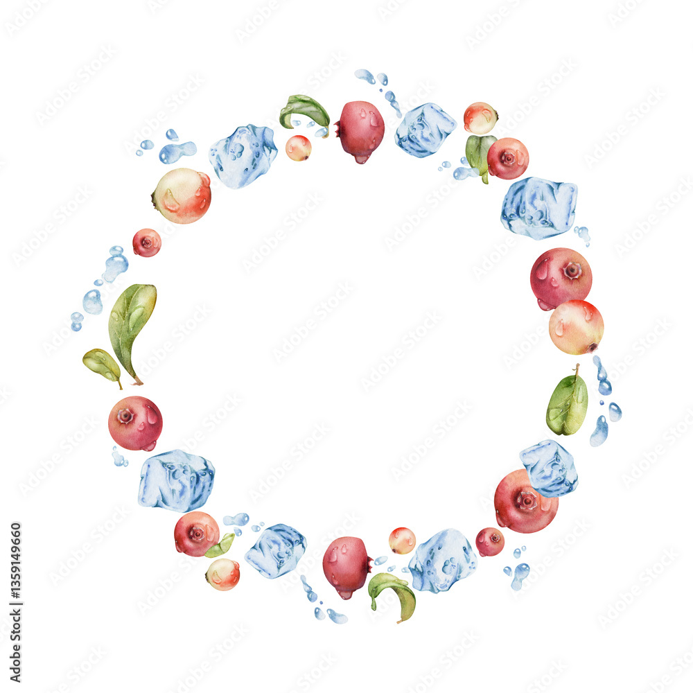 Cranberry lingonberry flying in water splash with ice cubes, drops and green leaves, hand drawn in watercolor, ripe forest berry. Isolated circle wreath frame for restaurant, cafe menu, farmers market Cranberry lingonberry flying in water splash with ice cubes, drops and green leaves, hand drawn in watercolor, ripe forest berry. Isolated circle wreath frame for restaurant, cafe menu, farmers market