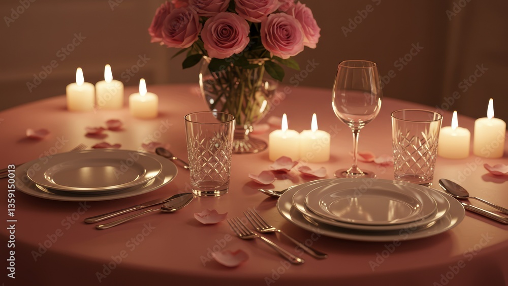 Elegantly set table with pink roses and candles creates romantic atmosphere for special occasions like Valentine's Day