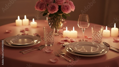 Obraz na płótnie Elegantly set table with pink roses and candles creates romantic atmosphere for special occasions like Valentine's Day w salonie
