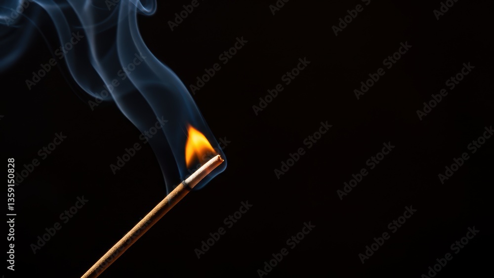 Matchstick igniting with flame and smoke against black background Themes of fire safety and minimalism Matchstick igniting with flame and smoke against black background Themes of fire safety and minimalism