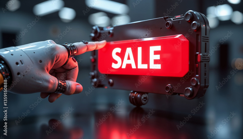 Naklejka premium Robot hand activating SALE button on futuristic display