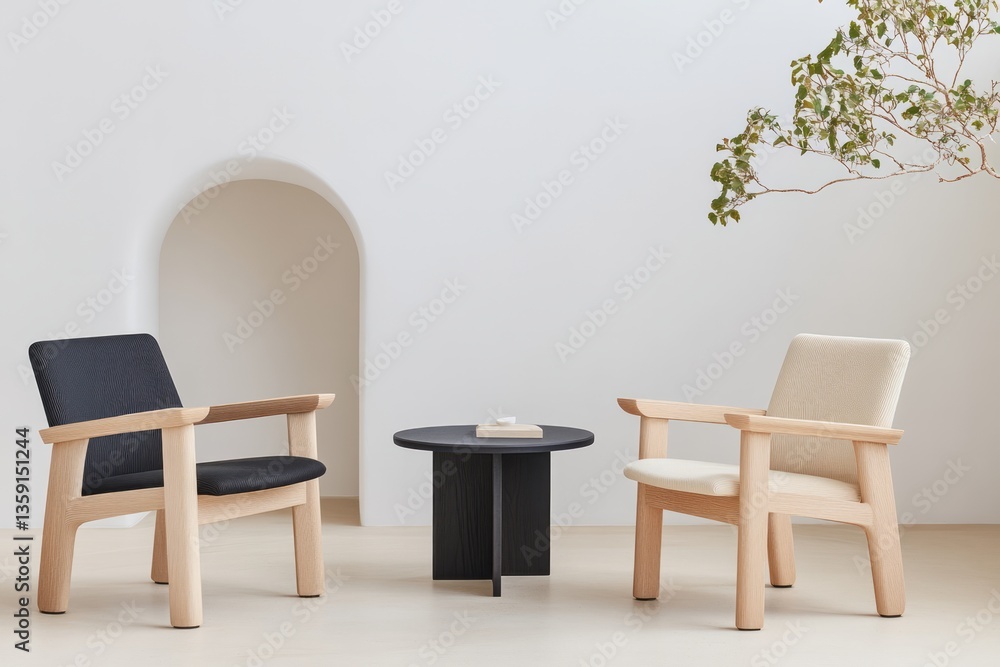 Fototapeta premium Two modern armchairs with a small round table displayed