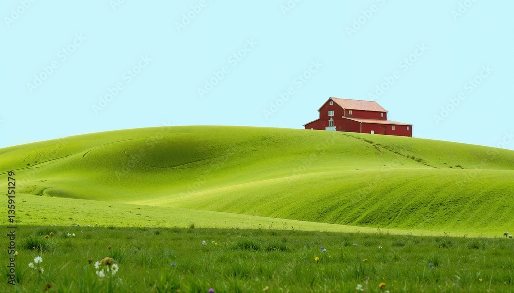 Red barn on a green hill against blue sky Red barn on a green hill against blue sky