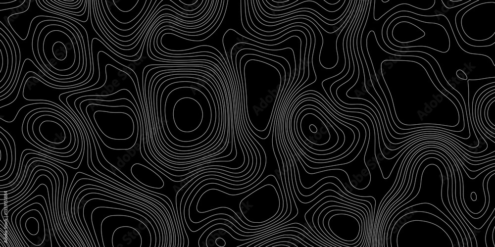 Fototapeta premium White line black abstract topography with contour map curve paper geography mountain relief seamless ornament design background, landscape terrain black and white cartography geographic background.