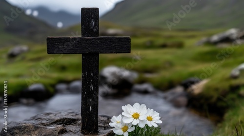 Simple wooden cross, solemn, serene, nestled in a tranquil mountain landscape, with wildflowers by a small stream