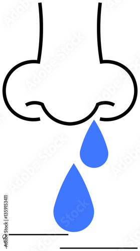 Nose illustration with two blue droplets representing a runny nose. Ideal for health, cold, flu, allergies, medical concepts, hygiene, and awareness campaigns. Flat simple metaphor