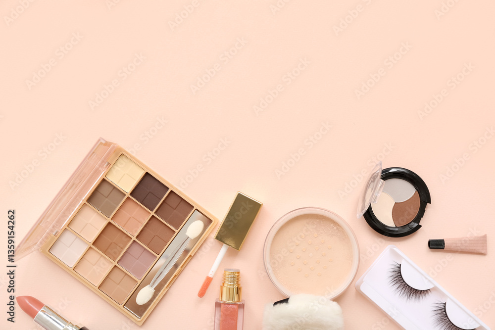 Fototapeta premium Cosmetic products for eyes makeup with lipsticks and powder on beige background