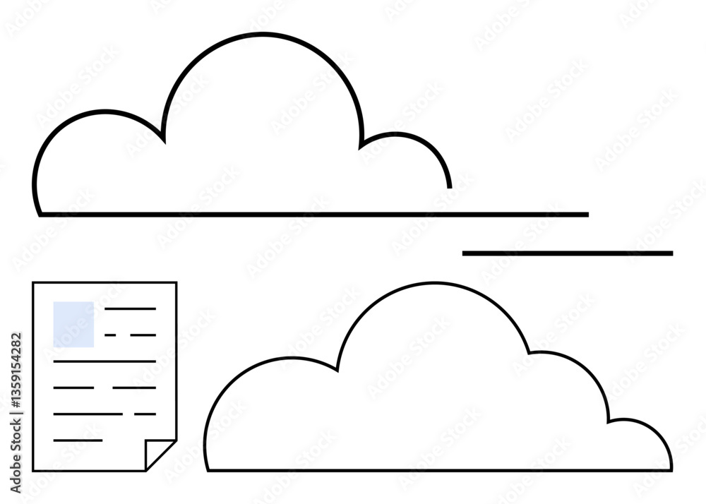 Fototapeta premium Outline clouds and a paper document emphasize digital storage and data transfer. Ideal for cloud storage, file sharing, online backup, data transfer, digital security, IT services, flat simple