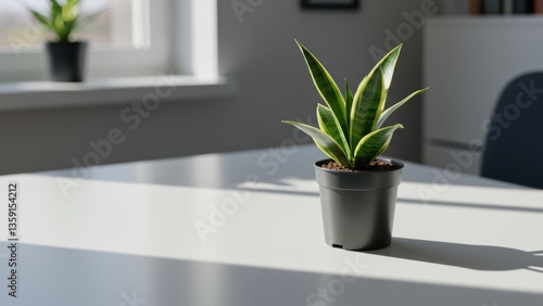 Obraz na płótnie Snake plant in a black pot on a bright desk in a modern office Emphasizes sustainability and indoor gardening w salonie