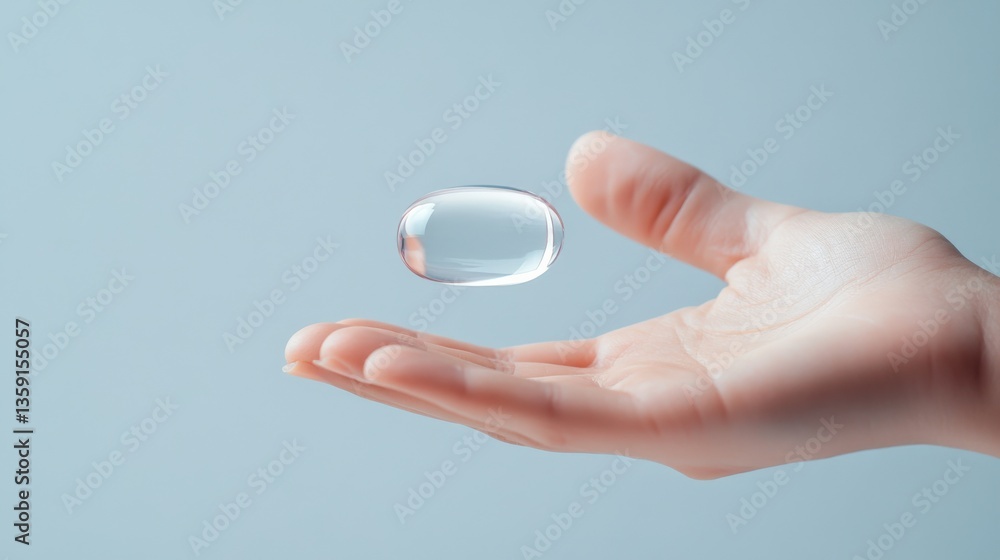 Hand holding oval clear capsule Hand holding oval clear capsule