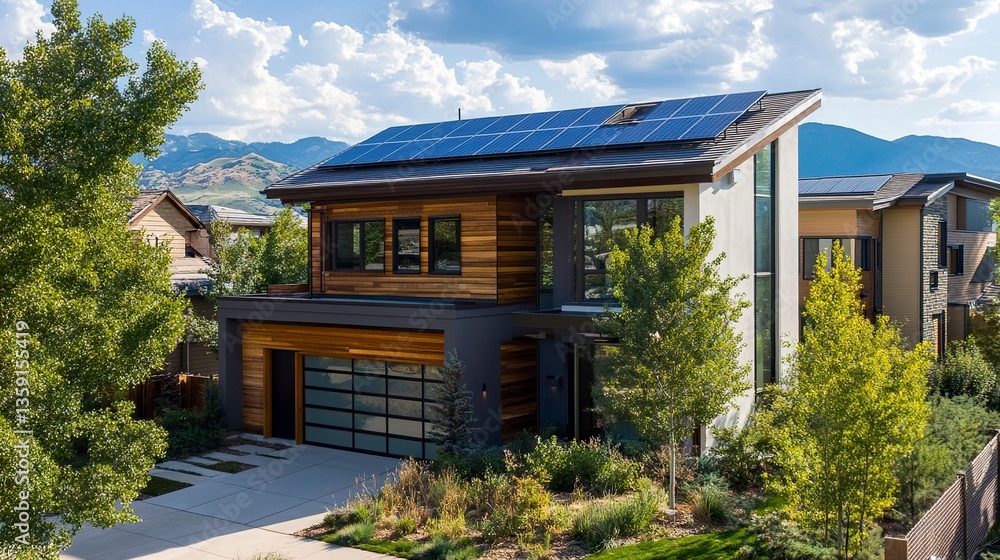 Modern house with sleek solar panels integrated into roof clean architecture eco-conscious suburban setting. Modern house with sleek solar panels integrated into roof clean architecture eco-conscious suburban setting.