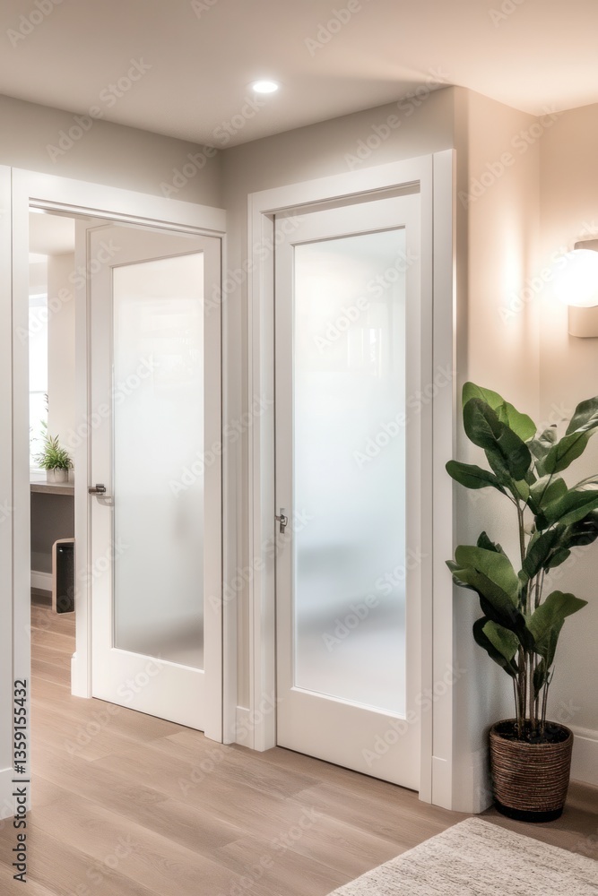 Fototapeta premium Modern hallway, frosted glass doors, plant, interior design