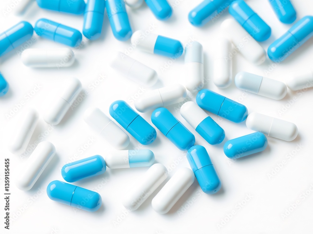 Scattered Blue White Capsules Brightly Lit. AI Generated Scattered Blue White Capsules Brightly Lit. AI Generated