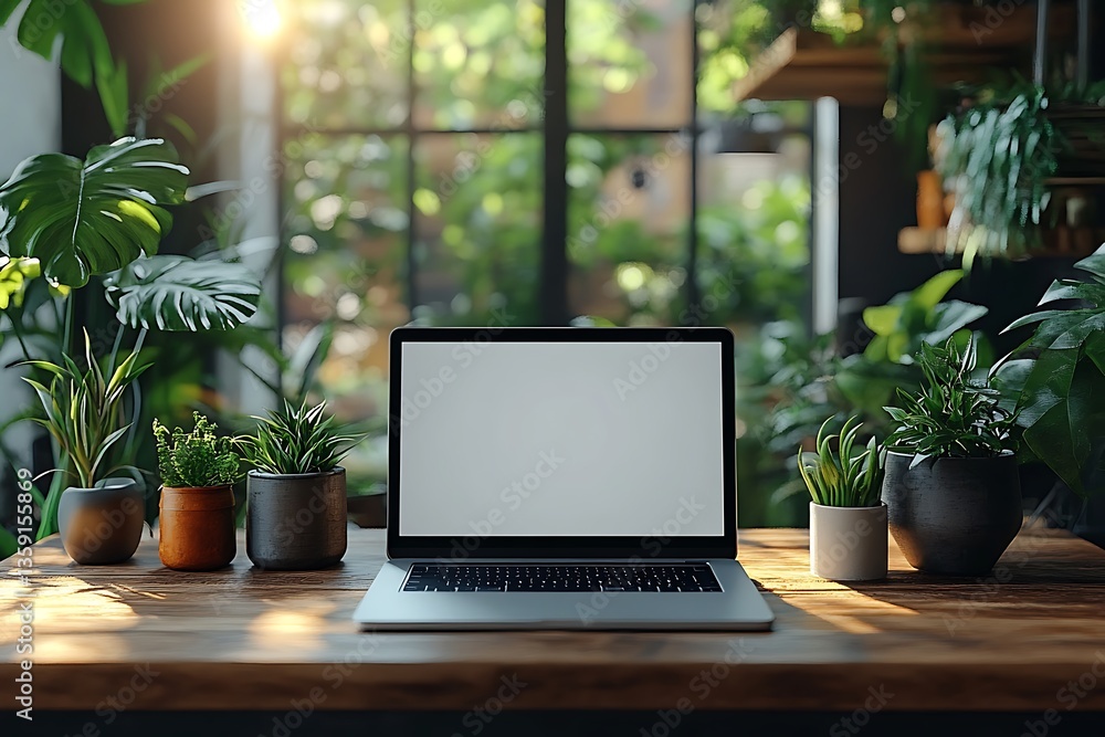 Laptop with Blank Screen on Wooden Desk Surrounded by Potted Plants, Sunlit Laptop with Blank Screen on Wooden Desk Surrounded by Potted Plants, Sunlit