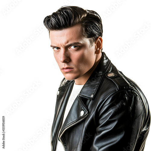 Obraz na płótnie Portrait of a confident man with slicked-back hair and a black leather jacket. Intense gaze with raised eyebrow and a white background. w salonie