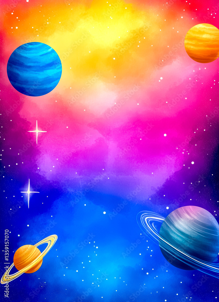 Naklejka premium Colorful galaxy watercolor painting with planets and stars