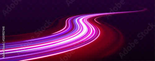 Horizontal night road in the form of a panorama with neon lights. Neon stripes in the form of drill, turns and swirl. Car motion trails. Speed line motion vector background.	