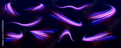 Set of neon speed lines on transparent background. Beautiful glow light flare and spark. Neon line as speed or arc, turn, twist, bend in light. Lines in the shape of a comet against a dark background.
