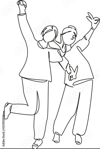 One continuous single drawing line art flat doodle female, girl, friends, girlfriend, 2, fun, happy. Isolated image hand draw contour on a white background, hand drawn, not AI
