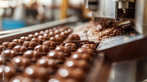 Wallpaper Mural Shiny chocolate candies move along a conveyor belt in a factory setting. Show the process or food industry production for promotional material. Torontodigital.ca