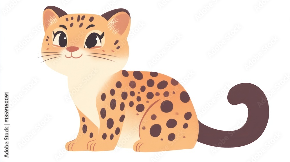 Fototapeta premium Cute cartoon leopard cub, sitting, profile view, for kids' book illustrations