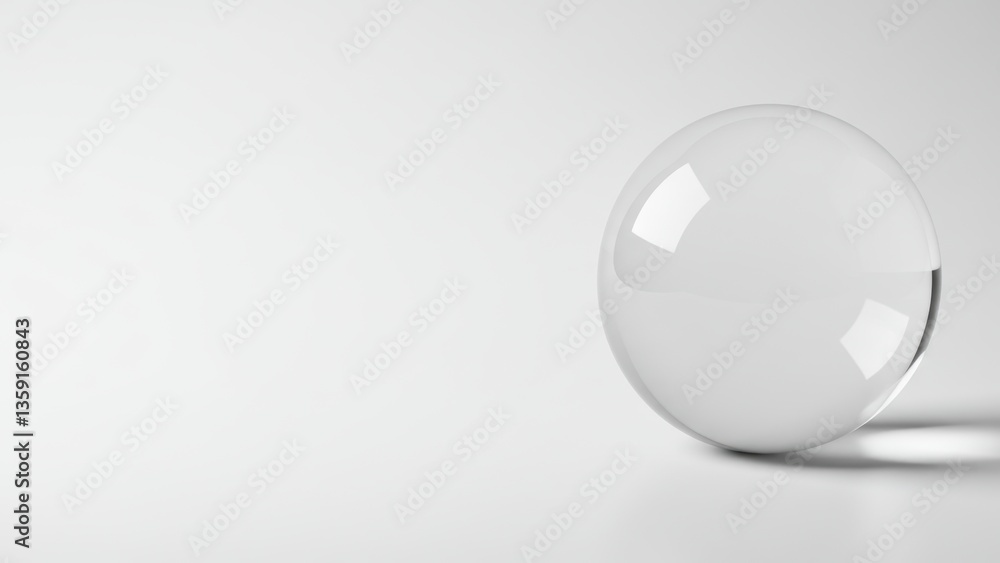 Clear glass sphere on white background, minimalist design with reflections, suitable for modern decor concepts Clear glass sphere on white background, minimalist design with reflections, suitable for modern decor concepts