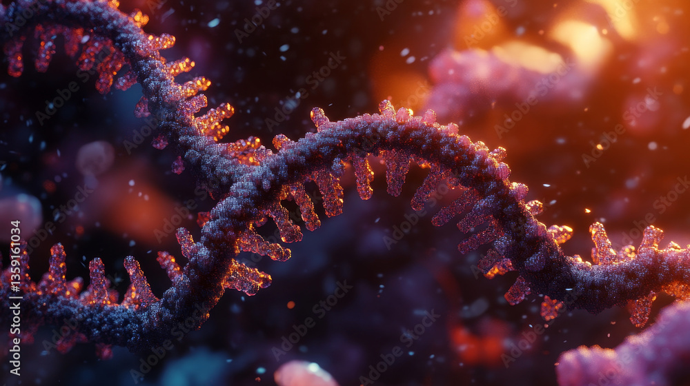 Molecule, DNA helix 3D illustration. Medicine, microbiology, genetics. Human genome research in an innovative way. Fantastic microcosm in microscope Molecule, DNA helix 3D illustration. Medicine, microbiology, genetics. Human genome research in an innovative way. Fantastic microcosm in microscope