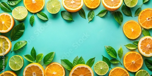 A vibrant display of juicy orange and lime slices arranged around a turquoise background, creating a refreshing and invigorating visual